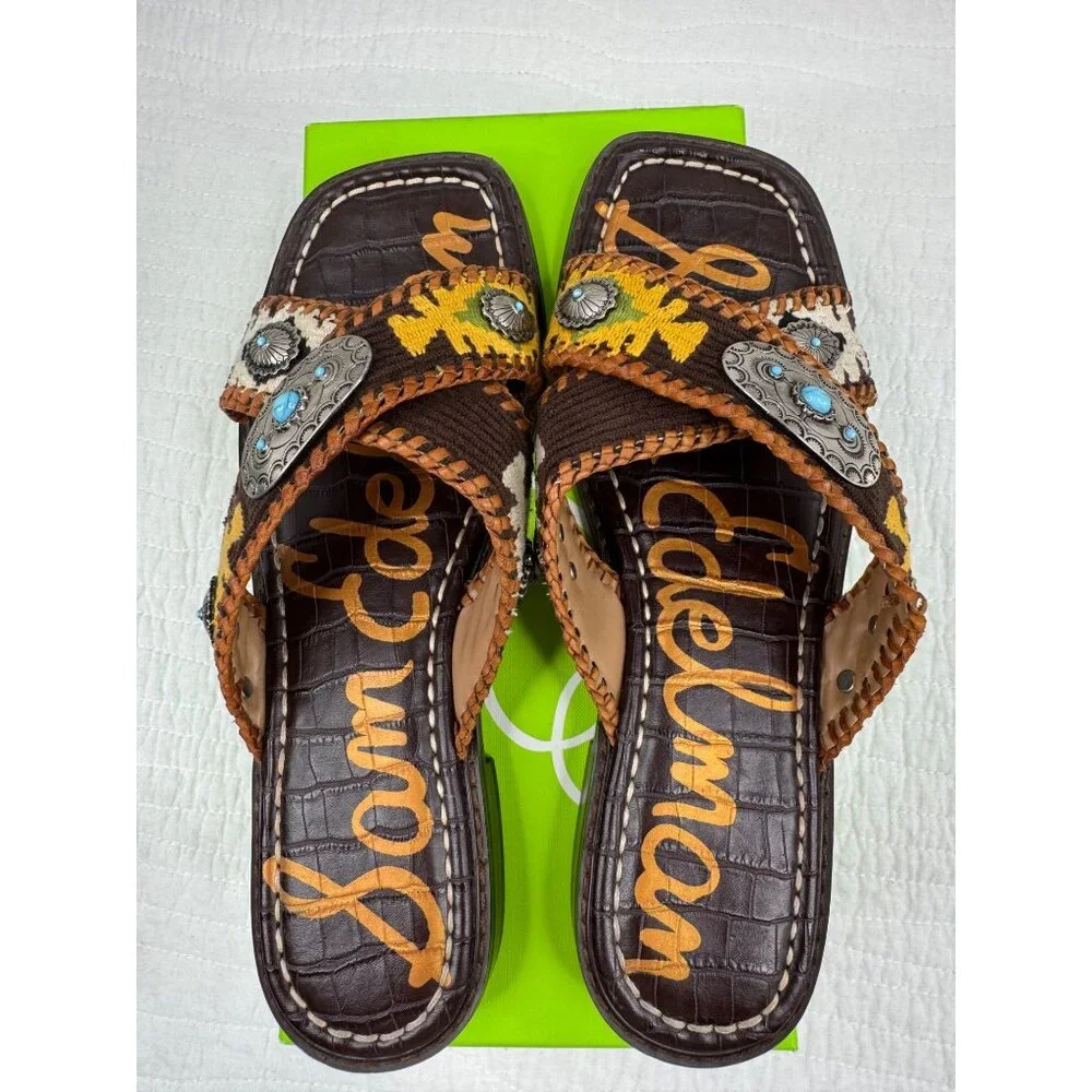 Sam Edelman Brown Multi Leather Embellished Slide Sandals - Picture 5 of 11